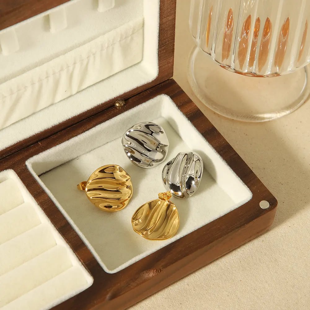 1 pair of classic fashion  gold-plated stainless steel geometric round wrinkled texture earrings for women's jewelry for daily wear